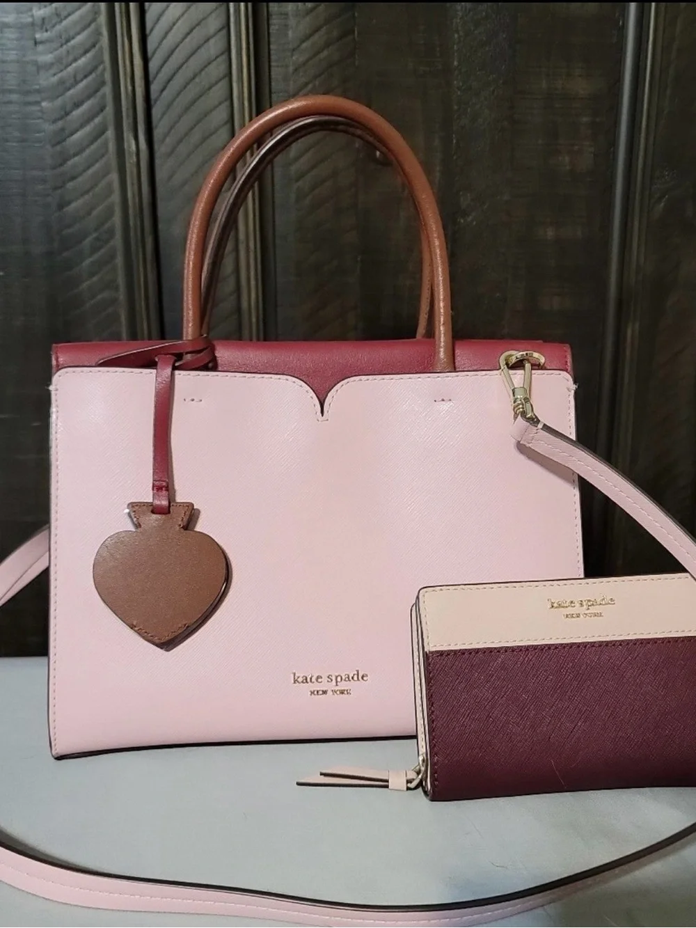 kate spade Pink, Burgundy and Brown Leather Satchel with Wallet